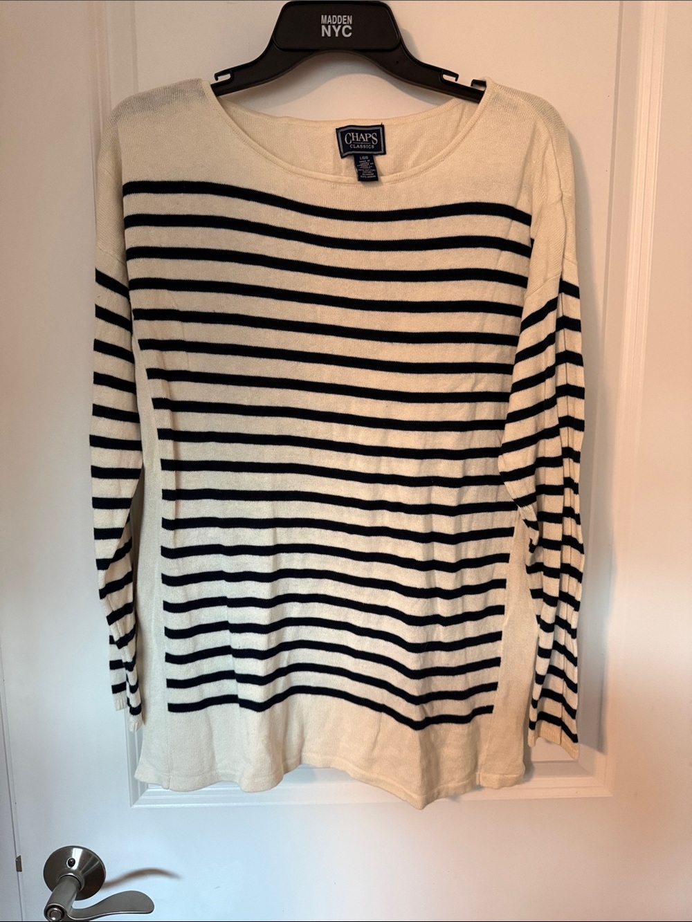Chaps Cream and Black Striped Long-Sleeve Top